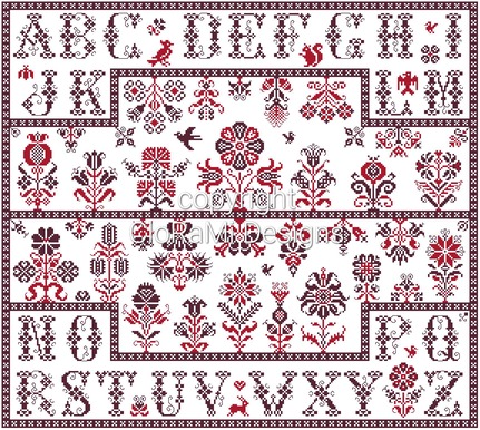 picture of the red cross stitch sampler Ref 069 Blooming CloRaMi Sampler