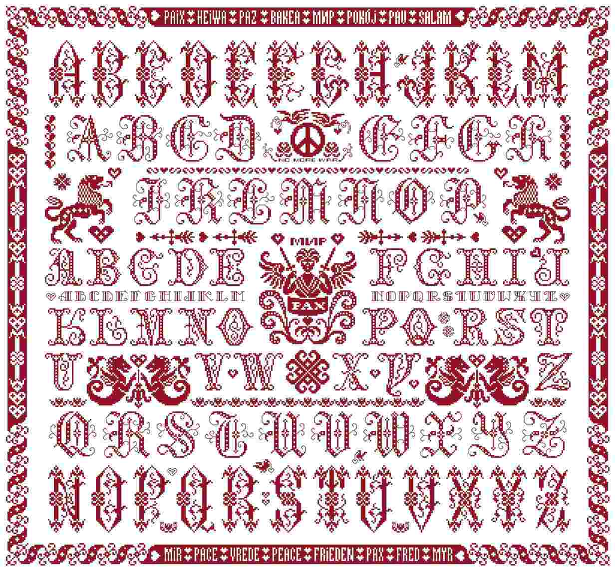 picture of the red cross stitch sampler Ref 070 Peace Sampler