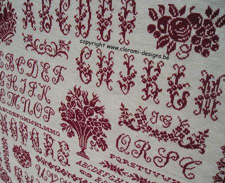 afbeelding van de rode kruissteek merklap Ref 043 Tutti Frutti Sampler van CloRaMi Designs