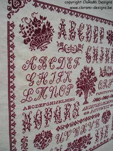 afbeelding van de rode kruissteek merklap Ref 043 Tutti Frutti Sampler van CloRaMi Designs